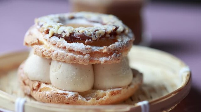 Close-Up of Pistachio and Pumpkin Christmas Paris-Brest Dessert