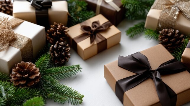Thoughtfully wrapped gifts adorned with twine and pinecones sit on a table, showcasing a cozy, natural decor style