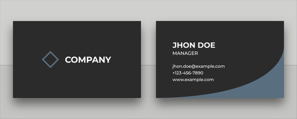 Professional Black and Blue Business Card Design. Creative Minimal Layout with Curved Accent. Elegant Dark Corporate Identity Template.