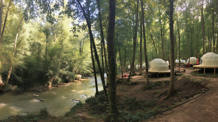 Glamping domes nestled among tall trees beside a peaceful forest river.