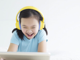 Smiling child wearing bright yellow headphones and watching a tablet in a white room.