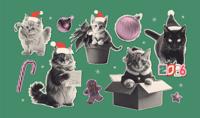 Mixed media halftone collage cut out of cats in Santa hats, writing letter, sitting in gift box and in poinsettia pot. Feline Xmas tree. Modern retro mixed media vector illustration isolated