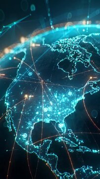 Futuristic digital globe of Earth with glowing data points network connections on a dark background. Worldwide links on planet earth at night. Concept of World communication technology. 3d animation