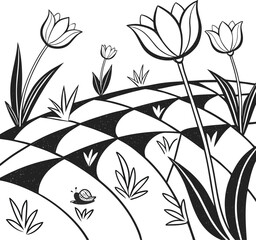 Whimsical hand-drawn garden scene with flowers and rolling hills isolated on transparent background