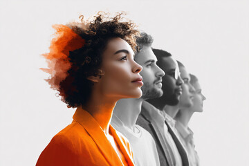 A woman with a red jacket stands in front of a group of people