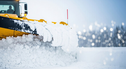 Massive yellow plow blade clears heavy wet snow during winter storm cleanup