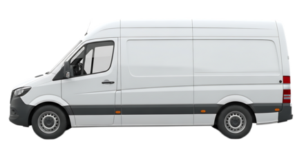 Side view of a white cargo van on a black background showcasing its clean design and utility features