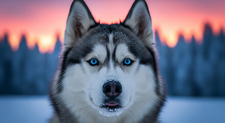 Obraz premium Siberian Husky with striking blue eyes and snow-dusted nose in a winter landscape at sunset