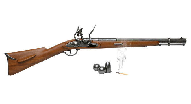 Historical matchlock musket with a dark barrel and wooden stock, showcasing wear and details of craftsmanship