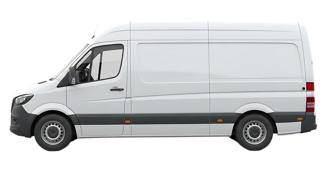 Side view of a white cargo van on a black background showcasing its clean design and utility features