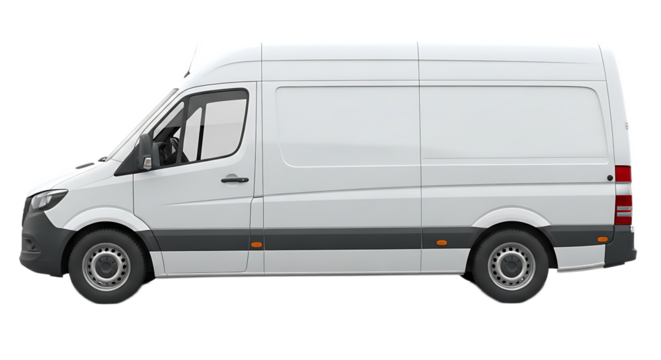 Side view of a white cargo van on a black background showcasing its clean design and utility features