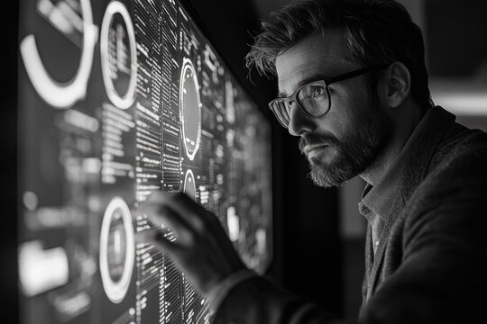 Focused man in glasses interacts with a large digital display showing complex data and code, highlighting advanced technology and analytics.