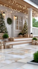 Fototapeta premium Holiday gifts are arranged on the porch, surrounded by twinkling lights and greenery, creating a warm and inviting atmosphere