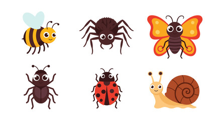 Obraz premium A collection of cute cartoon insects including a bee, spider, butterfly, beetle, ladybug, and snail.