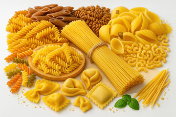 All types of pasta, ready to cook, on a white background