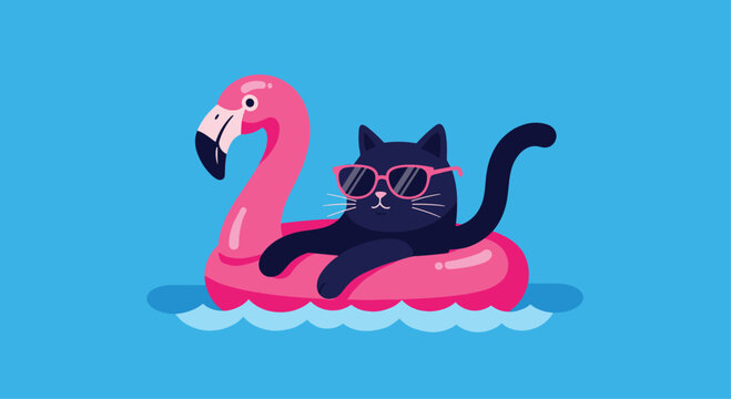 Cute black cat wearing sunglasses floats on a pink flamingo pool float in blue water.