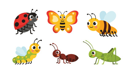 Obraz premium Collection of cute cartoon insects including a ladybug, butterfly, bee, caterpillar, ant, and grasshopper on a white background.
