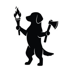 A silhouette of a dog holding a torch and an axe, the dog is standing on its hind legs and has a determined expression