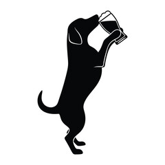 Silhouette of a dog standing on its hind legs and drinking beer from a glass, a fun and humorous design for beer lovers
