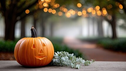 Obraz premium Carved pumpkin with a cheerful face glows softly among tall trees beside a quiet lake on a chilly autumn evening at dusk