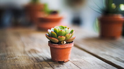 Close-up of vibrant green succulent with red-tipped leaves in small terracotta pot on rustic wooden table. Blurred background features more potted plants, creating serene indoor garden vibe. 