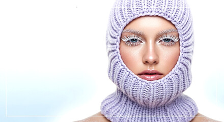 Winter Vogue: A captivating model, embraces the serene beauty of winter, wrapped in a cozy knitted cap. Evoking a sense of tranquil elegance.
