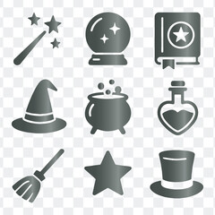 Magic, fantasy and wizardry flat vector icons set.