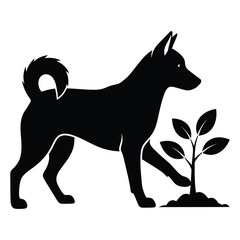 Silhouette of a dog standing next to a small tree, a naturethemed design for environmental awareness