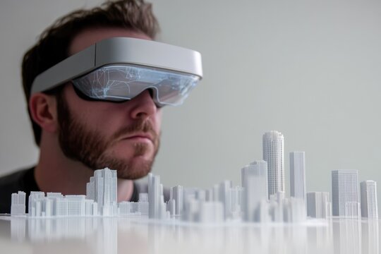 Man wearing an augmented reality headset studies a detailed 3D white model of a city, integrating digital data with physical architecture for urban planning.