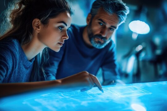 Two tech professionals analyze glowing blue holographic data on an interactive table. They are engaged in futuristic digital design or collaborative research. - Powered by Adobe
