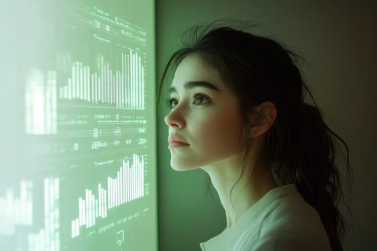 A focused woman intently examines complex green-lit data visualizations on a large screen, engaged in deep analysis.