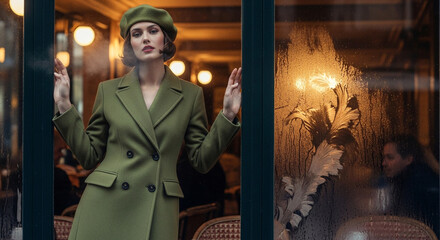  Parisian Elegance: A stylish woman in a chic green coat and beret striking a pose next to a window, exuding an air of sophistication against the backdrop of an elegant cafe setting.