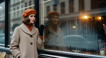 Vintage Elegance by the Window: A stylish woman in retro attire gazes pensively through a cafe window, her reflection mirrored on the glass, as she embodies classic fashion and timeless charm.