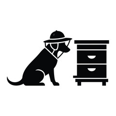 A dog is wearing a beekeeper hat the dog is black and the hat is white the dog is sitting next to a beehive the dog is looking at the beehive with interest