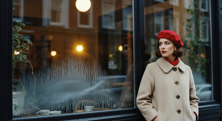 Elegant Woman at Cafe: A sophisticated woman, draped in a classic coat and red beret, stands gracefully by a cafe window, her gaze fixed on something beyond, in a nostalgic scene.