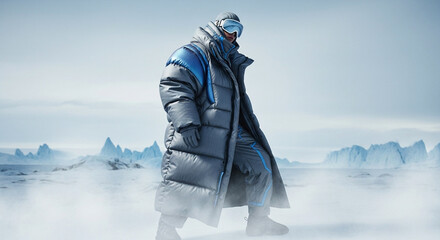 Arctic Explorer's Journey: A figure stands amidst a snowy expanse, showcasing high-performance outerwear, embodying resilience against the harsh elements.