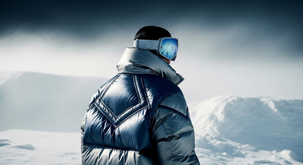 Vision of Tomorrow: A lone figure dons futuristic technology, gazing out at a snowy landscape, a blend of cutting-edge innovation and the vast expanse of nature.