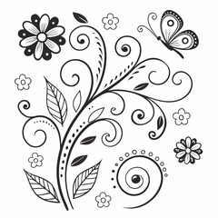 Hand drawn whimsical floral swirls and butterfly element for decorative design isolated on transparent background