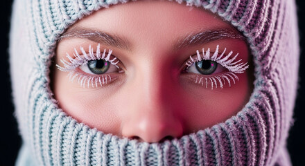 Enigmatic Gaze: A captivating close-up portrait of a woman's eyes framed by a knitted balaclava and adorned with unique, long eyelashes, expressing mystery and allure.