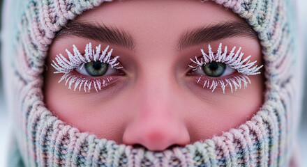Winter Eyes: Close-up of eyes adorned with crystallized eyelashes, the intricate frost creating a surreal display of winter beauty, as the cold season takes hold.