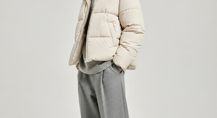 Cozy Winter Attire: A model showcases a warm, quilted jacket paired with comfortable gray pants, perfect for staying stylish and snug during the winter season.