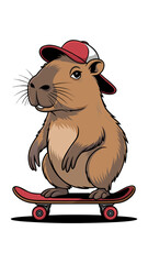 a 2d vector style capybara riding a skateboard, cool style with hat 