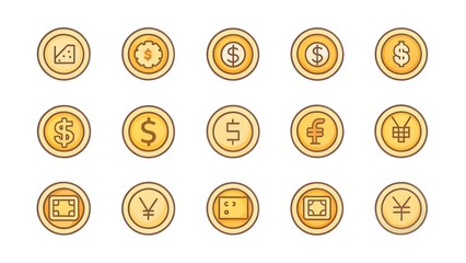 Collection of golden coins featuring various currency symbols like dollar yen and euro on a white background