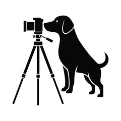 A black silhouette of a dog standing next to a camera on a tripod, the dog is looking at the camera