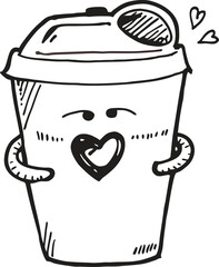 Cute cartoon coffee cup character with heart embrace and coffee bean accent isolated on transparent background