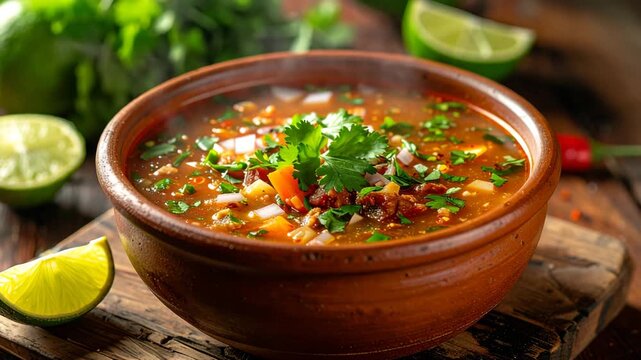 Steaming Bowl of Mexican Menudo Soup with Fresh Cilantro and Lime in Traditional Clay Pot
