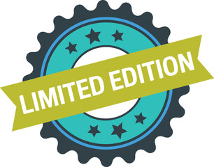 Limited edition badge design, teal center, gear edge, green ribbon, bold text, marketing label, exclusive product icon, promotional graphic