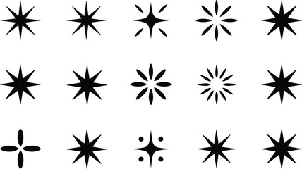 Collection of fifteen black abstract starburst sparkle shapes on white background