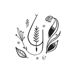 Ethereal botanical emblem with delicate floral elements and natural motifs isolated on transparent background