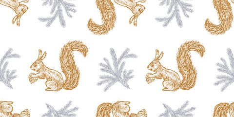 Naklejka premium Squirrels holding pine cones, Christmas tree branches, hand drawn seamless pattern, vector, background, paper, wallpaper